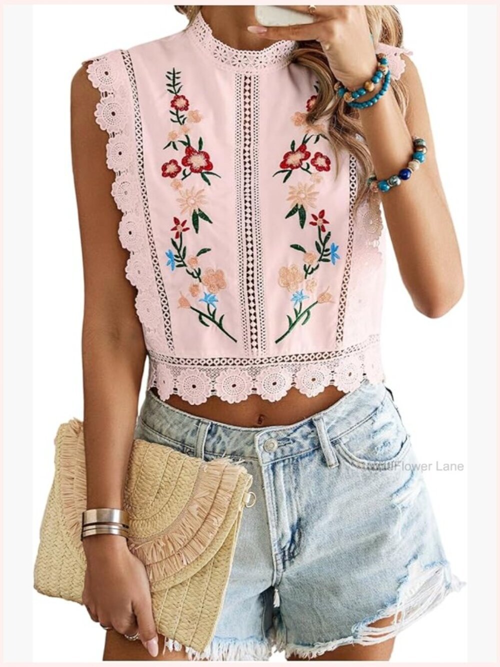 Floral Embroidery Lace Trim Blouse Mock Neck Sleeveless Crop Top